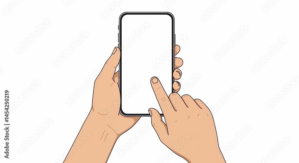 Poster artistic depiction showcasing smartphone interaction with tapping gesture and blank screen, ideal fo