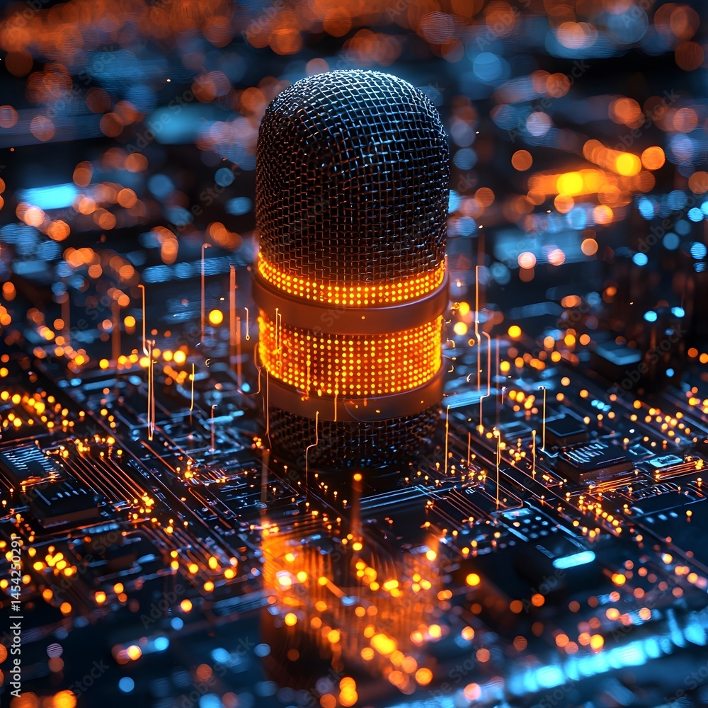 Poster digital circuit with a glowing microphone symbolizing modern media and communication