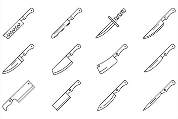 Various Kitchen Knives for Culinary Arts, Outline Black Design