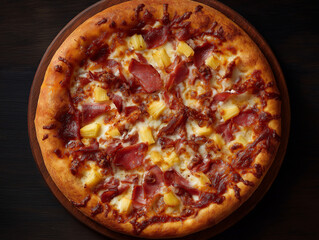 top down photograph of a hawaiian pizza