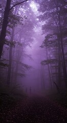 A shadowed forest veiled in eerie purple mist, where unseen creatures lurk in silence.
