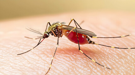 Mosquito Feeding On Human Skin Closeup