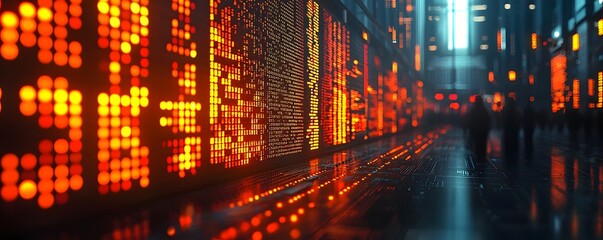 Obraz premium A bustling financial trading floor with glowing digital displays long title A vibrant technology driven exchange floor with colorful digital trading