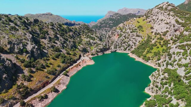 Aerial view of Panta de Gorg Blau lake in Mallorca, Balearic Islands, Spain.