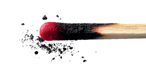 A burnt matchstick with its tip glowing red and ashes scattered on a white background symbolizing emotional burnout and exhaustion This conceptual represents stress and the consequences of overwork