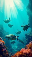 Fototapeta premium Multiple Sea Turtles Gliding Through Crystal-Clear Ocean with Coral Background