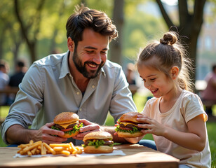 Father and daughter smiling and enjoying burgers together at a table in the park.