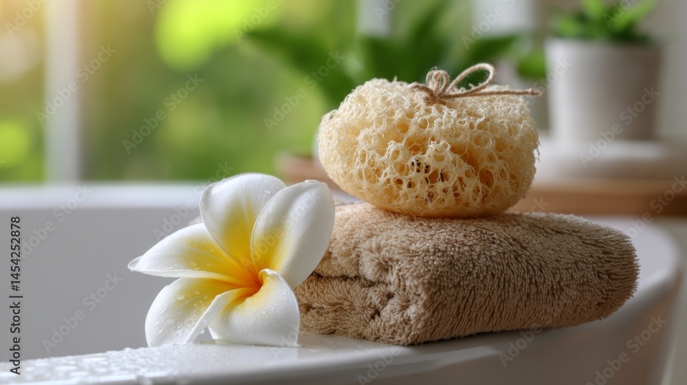 Poster relaxation at a spa highlighted by a natural loofah, a soft towel, and a delicate flower, creating a