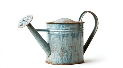 Vintage Blue Metal Watering Can with Rusty Finish on White Background
