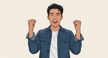 Animated illustration showcases a young man's triumphant expression, radiating with excitement and joy while exuding pure success and accomplishment