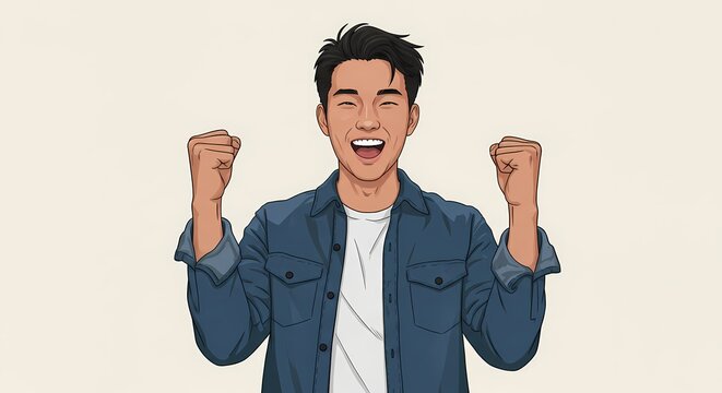 Animated illustration showcases a young man's triumphant expression, radiating with excitement and joy while exuding pure success and accomplishment