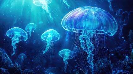 Naklejka premium Submarine spectacle of glowing jellyfish.
