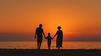 Obraz premium silhouette of family with child, holding hands at sunset by the sea