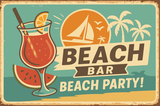Tropical Beach Bar Poster - Retro Cocktail Party Design with Sailboats and Palm Trees
