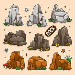 Rock stone cartoon in isometric 3d flat style. Set of different boulders