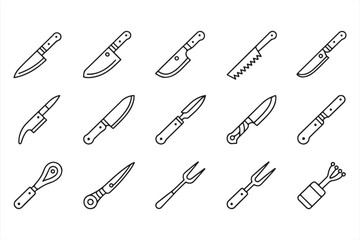 Various Kitchen Knives for Culinary Arts, Outline Black Design