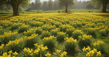 Obraz premium A carpet of cheerful yellow daffodils blankets a vivid green pasture bathed in sunlight , spring, flora