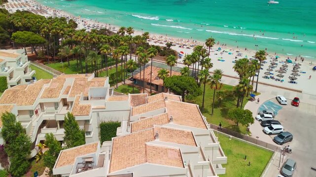 Aerial view of Platja de sa Coma beach in Mallorca, Balearic Islands, Spain.
