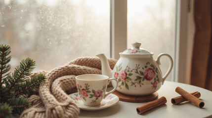Fototapeta premium cozy tea setup featuring floral teapot and cup, surrounded by warm knitted scarf and cinnamon sticks, evokes comforting atmosphere
