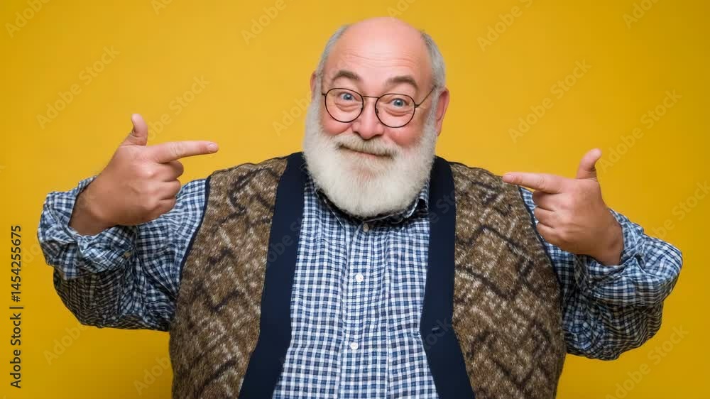 Aufkleber man with a beard and glasses is pointing to the camera with his fingers. he is smiling and he is hap