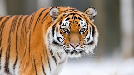 Majestic tiger stares, orange fur, black stripes, snowy background