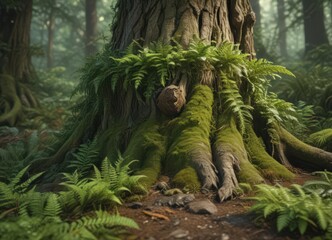 Emerald moss blankets weathered tree trunk, vibrant ferns unfurl, spring, growth