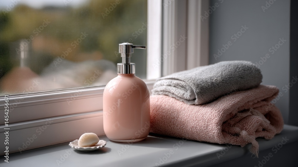 Poster Soft pastel hues create a serene atmosphere with a stylish soap dispenser and neatly stacked towels by the window. This composition invites relaxation and self-care in a tranquil space
