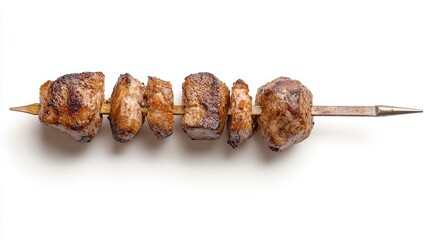 Grilled Meat Skewers on Metal Stick Isolated on White Background
