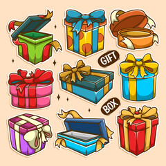 Set of open and closed gift boxes isolated on background