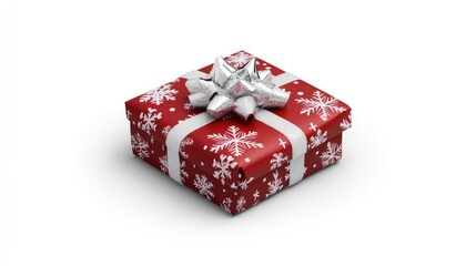 Festive Red Gift Box with Snowflakes and Silver Bow for Celebration