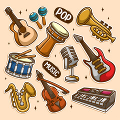 Musical instruments set. Collection with doodle music elements in cartoon style. Vector illustration