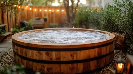 Outdoor wooden hot tub, surrounded by landscaping