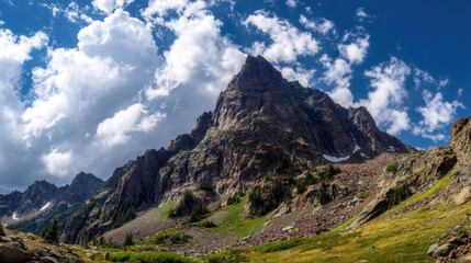 Fototapeta premium The majestic mountain peak rises dramatically against a backdrop of puffy white clouds in a vibrant blue sky, showcasing the natural beauty of the wilderness landscape.