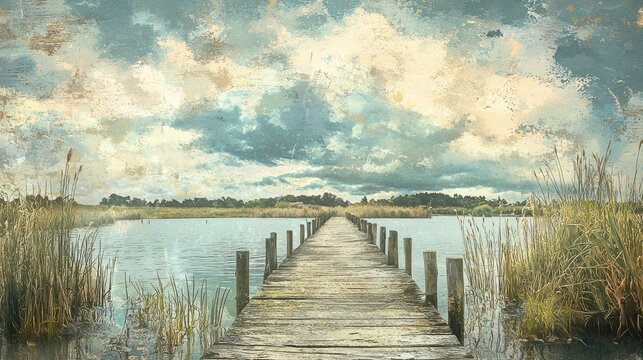Fototapeta Rustic wooden pier leading to a serene lake.