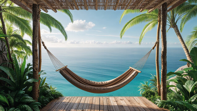 Relaxing hammock view overlooking the ocean on a tropical paradise escape getaway destination