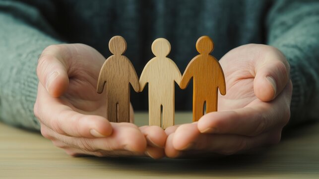 Wooden figures representing diversity held in caring hands