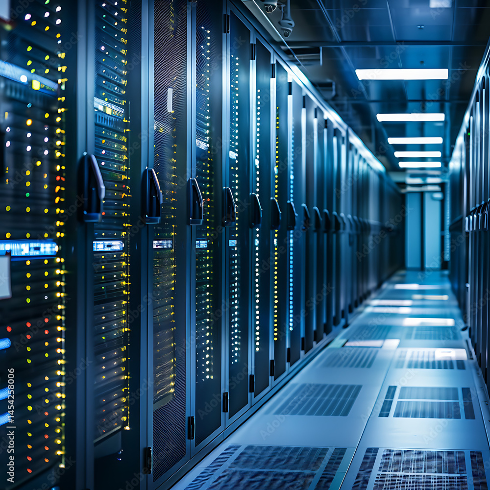 Poster corridor of server racks with glowing blue lights in a modern data center. technology, cloud computi