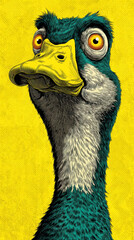 Colorful illustration of a duck with exaggerated features set against a vibrant yellow background