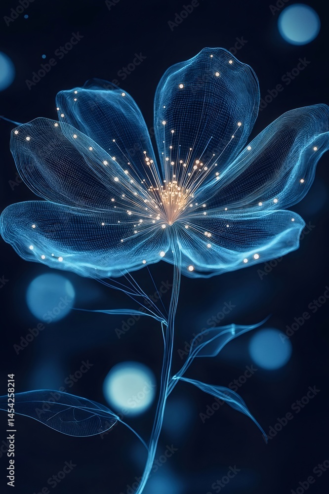 Poster 青い光輝く花の幻想的な描写 抽象的な背景に繊細なデザイン きらめく光と透明感のある花びら