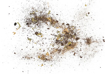 dust dirt, sand and chopped dry leaves flying, isolated on white background, clipping path
