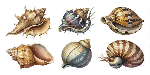 Obraz premium Whispers of the Sea A Watercolor Display of Six Seashells