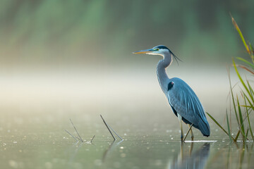 Great Blue Heron Standing Calmly In Foggy Marsh Water At Sunrise Serene Wildlife Scene