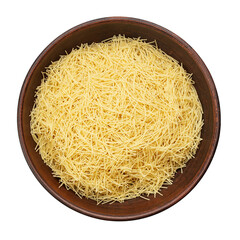 Filini raw pasta in clay bowl isolated on white background. File contains clipping path. Traditional Italian pasta.