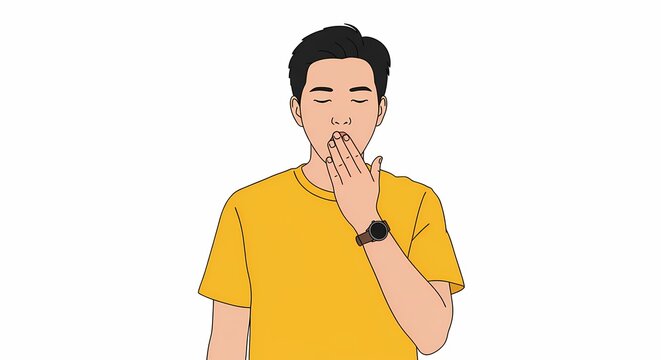 A cartoon depiction of a young man stifling a yawn with his hand, showcasing sleepiness and everyday fatigue in a minimalistic isolated illustration
