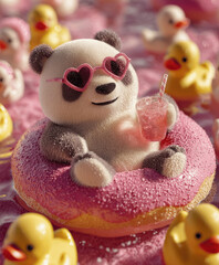 Cute panda relaxing on a pink donut float with heart-shaped sunglasses surrounded by rubber ducks in a playful summer setting