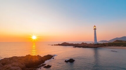 Sunrise over a lighthouse on the coast