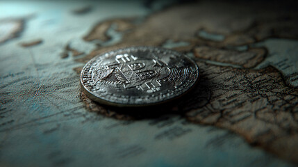 Close-up of silver Bitcoin on antique world map, showcasing global cryptocurrency reach and historical context, symbolizing digital currency's impact on finance