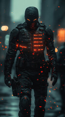 Naklejka premium Mysterious figure in dark urban alley illuminated by glowing elements on armor at twilight