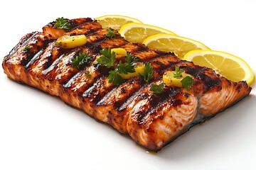 Delicious Grilled Salmon Fillet with Lemon and Parsley Garnish