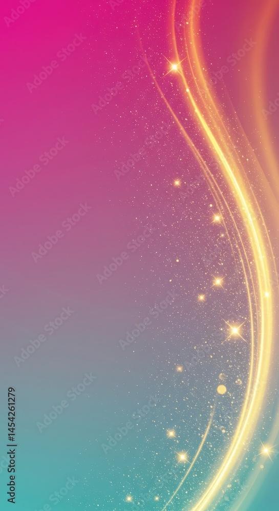 Poster abstract background with golden glowing wave and sparkles over pink to teal gradient. elegant and ma